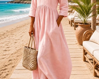 Boho V Neck Maxi Dress with Pockets for Women