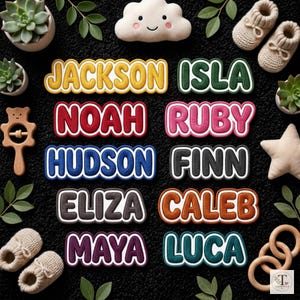 Può includere: Una collezione di dieci toppe in tessuto rettangolari con i nomi Jackson, Isla, Noah, Ruby, Hudson, Finn, Eliza, Caleb, Maya e Luca in vari colori con bordi bianchi, circondate da articoli per neonati come scarpine e piante succulente.