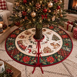 May include: A circular Christmas tree skirt featuring a cream-colored center with illustrations of a snowman, a red train, a gingerbread house, and a rocking horse. The border is dark green with red poinsettias, holly, and red plaid fabric.