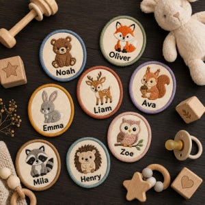 Pode incluir: Oito emblemas circulares bordados com animais da floresta e nomes: Noah o urso, Oliver a raposa, Liam o veado, Ava o esquilo, Emma o coelho, Zoe a coruja, Mila o guaxinim e Henry o ouriço, rodeados por brinquedos de madeira.