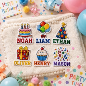 May include: Six personalised birthday-themed patches featuring colourful illustrations of a cake, balloons, a party hat, a gift box, a cupcake, and confetti, each with a name printed in bold block letters: Noah, Liam, Ethan, Oliver, Henry, and Mason.