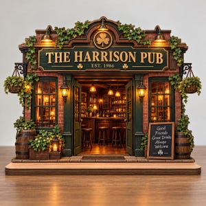 May include: A miniature model of a pub named The Harrison Pub Est. 1986, featuring a brick facade, green trim, hanging ivy, and warm interior lighting. A chalkboard sign reads Good Friends Great Drinks Always Welcome, with bar stools and shelves visible inside.