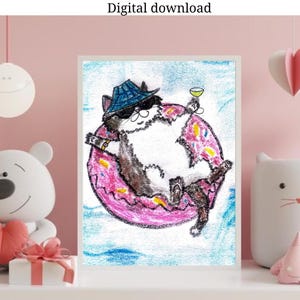 Cool Cat Sunbathing on Donut Pool Float Art Print, Summer Vacation Crayon Illustration, Funny Cat Wall Decor, Whimsical Digital Download