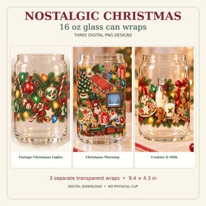 Puede incluir: Tres diseños digitales PNG para vasos de 473 ml con temática Nostalgic Christmas. Los diseños muestran luces navideñas vintage, una escena de mañana de Navidad con un tren y un calcetín, y un tema de galletas, leche y pan de jengibre.