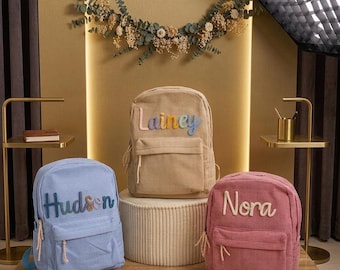 Personalized Corduroy Backpack - Custom Hand-Embroidered Letters, Travel Daypack