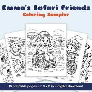 Peut inclure: Un ensemble de 15 pages &agrave; colorier imprimables intitul&eacute;es Emma's Safari Friends Coloring Sampler, mesurant 21,59 x 27,94 cm. Les dessins au trait noir et blanc montrent une personne en fauteuil roulant avec un casque colonial, des lions, des hippopotames et des suricates.