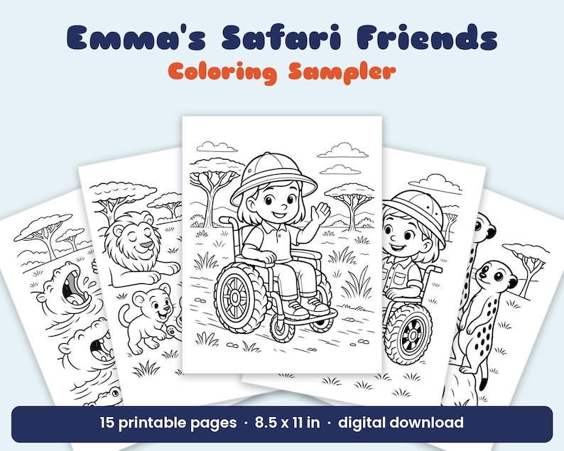 Peut inclure: Un ensemble de 15 pages &agrave; colorier imprimables intitul&eacute;es Emma's Safari Friends Coloring Sampler, mesurant 21,59 x 27,94 cm. Les dessins au trait noir et blanc montrent une personne en fauteuil roulant avec un casque colonial, des lions, des hippopotames et des suricates.