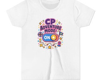 May include: A white short-sleeve t-shirt featuring a colourful graphic print that reads CP ADVENTURE MODE: ON. The design includes a toggle switch, a compass, a flag, a dotted path, and various star and cross shapes in shades of pink, blue, and orange.