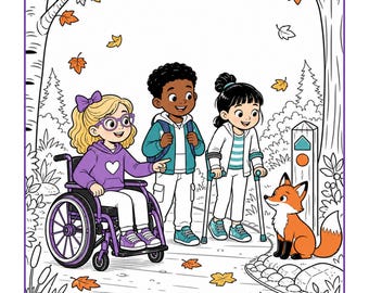 May include: A printable colouring page titled Autumn Trail Quest featuring three children in a forest setting. One child sits in a purple wheelchair, another stands with crutches, and a third stands nearby. A fox sits by a trail marker.