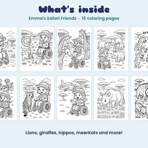 Peut inclure: Un livre de coloriage num&eacute;rique intitul&eacute; Emma's Safari Friends comprenant 15 pages d'illustrations en noir et blanc. Les pages repr&eacute;sentent un enfant en fauteuil roulant explorant un safari avec divers animaux dont des lions, girafes, rhinoc&eacute;ros, hy&egrave;nes, singes, l&eacute;opards et phacoch&egrave;res.