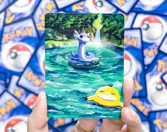 Dratini & Psyduck Acrylic Handgemalte Pokemon Kunstkarte