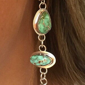 Three stone handmade Carico Lake turquoise earrings, Nevada Carico Lake green turquoise earrings, green turquoise and silver dangle earrings