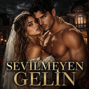 May include: A book cover featuring a person with long wavy hair wearing a white lace wedding dress and veil, embracing a shirtless person with dark hair. The text SEVILMEYEN GELIN is printed in large gold capital letters across the lower portion.