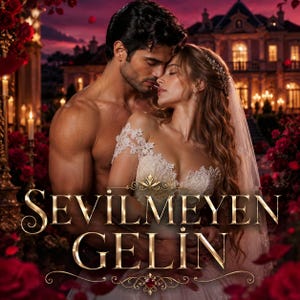 Peut inclure: Un homme torse nu aux cheveux bruns enlace une personne portant une robe de mariée en dentelle blanche et un voile. La scène se déroule la nuit avec des roses rouges et un grand manoir en arrière-plan. Le texte SEVILMEYEN GELIN est en lettres dorées.
