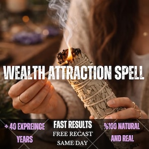 May include: A bundle of dried sage leaves tied with string, with one end lit and producing a thin trail of smoke. The text WEALTH ATTRACTION SPELL is overlaid in white, with additional text reading + 40 EXPREINCE YEARS, FAST RESULTS, FREE RECAST SAME DAY, and %100 NATURAL AND REAL.