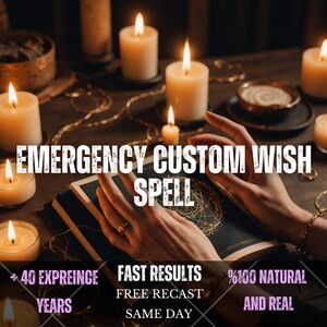 Könnte beinhalten: Ein dunkles Buch mit einem goldenen kreisförmigen Design auf dem Einband, umgeben von mehreren brennenden weißen Stumpenkerzen. Der Text lautet: EMERGENCY CUSTOM WISH SPELL, + 40 EXPREINCE YEARS, FAST RESULTS, FREE RECAST, SAME DAY, %100 NATURAL AND REAL.