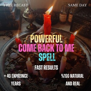 Puede incluir: Una bandeja de metal plateado con varias velas rojas y rosas encendidas, hierbas secas y cristales. El texto en la imagen dice: FREE RECAST, SAME DAY, POWERFUL COME BACK TO ME SPELL, FAST RESULTS, + 40 EXPREINCE YEARS, %100 NATURAL AND REAL.