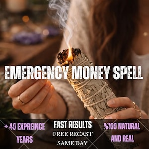 Könnte beinhalten: Ein brennendes Salbei-Bündel, umwickelt mit Schnur, aus dem weißer Rauch aufsteigt. Der Text EMERGENCY MONEY SPELL ist in Weiß überlagert, ergänzt durch + 40 EXPREINCE YEARS, FAST RESULTS, FREE RECAST, SAME DAY, %100 NATURAL AND REAL.