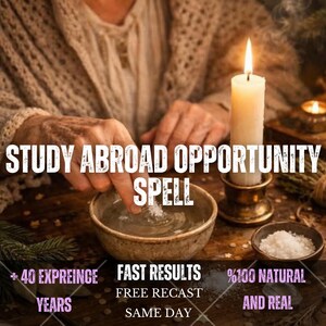 May include: A white candle in a brass holder next to a ceramic bowl containing water and salt. Text reads: STUDY ABROAD OPPORTUNITY SPELL, + 40 EXPREINCE YEARS, FAST RESULTS, FREE RECAST, SAME DAY, %100 NATURAL AND REAL.