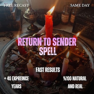 May include: A silver-toned metal tray holds a central red candle surrounded by four smaller candles, loose herbs, crystals, and a seashell. Text on the image reads: FREE RECAST, SAME DAY, RETURN TO SENDER SPELL, FAST RESULTS, + 40 EXPREINCE YEARS, %100 NATURAL AND REAL.