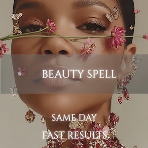 May include: A portrait featuring a person adorned with metallic butterfly hair accessories and pink floral stems across the face. The person wears elaborate crystal butterfly earrings and a matching jeweled collar. Text reads BEAUTY SPELL SAME DAY FAST RESULTS.