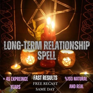 May include: A red candle stands between two glowing, spherical candle holders featuring cut-out pentagram designs. The scene is set against a black cloth backdrop with a large pentagram print. Text reads: LONG-TERM RELATIONSHIP SPELL, + 40 EXPREINCE YEARS, FAST RESULTS, FREE RECAST, SAME DAY, %100 NATURAL AND REAL.