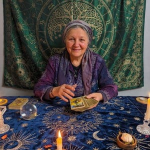 Pode incluir: Uma toalha de mesa de veludo azul-escuro com padr&otilde;es celestiais dourados, incluindo s&oacute;is, luas e estrelas. A mesa est&aacute; disposta com uma bola de cristal transparente, duas velas brancas acesas em suportes de madeira e p&eacute;talas espalhadas.