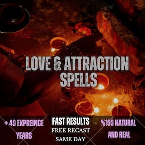 Può includere: Una scena scura con diverse piccole lampade a olio luminose con fiamme arancioni calde. Il testo LOVE & ATTRACTION SPELLS è centrato, con testo aggiuntivo: + 40 EXPREINCE YEARS, FAST RESULTS, FREE RECAST SAME DAY, %100 NATURAL AND REAL.