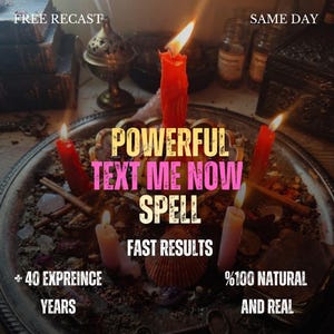 Puede incluir: Una bandeja de metal plateado contiene velas rojas y rosas encendidas, hierbas secas y cristales. El texto en la imagen dice: FREE RECAST SAME DAY, POWERFUL TEXT ME NOW SPELL, FAST RESULTS, + 40 EXPREINCE YEARS, %100 NATURAL AND REAL.