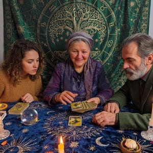 Pode incluir: Uma sess&atilde;o de leitura de cartas de tarot com uma pessoa de blusa roxa segurando um baralho, observada por outras duas pessoas. A mesa est&aacute; coberta com um pano de veludo azul com padr&otilde;es celestiais dourados, uma bola de cristal e uma vela.