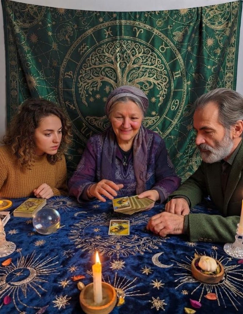 Pode incluir: Uma sess&atilde;o de leitura de cartas de tarot com uma pessoa de blusa roxa segurando um baralho, observada por outras duas pessoas. A mesa est&aacute; coberta com um pano de veludo azul com padr&otilde;es celestiais dourados, uma bola de cristal e uma vela.