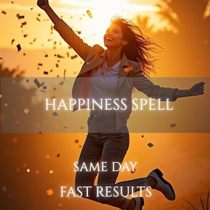 Könnte beinhalten: Eine Person springt vor einem Sonnenuntergang in die Luft und trägt eine hellbeige Jacke, ein weißes T-Shirt und eine dunkle Hose. Der Text HAPPINESS SPELL, SAME DAY und FAST RESULTS ist in weißer Schrift mittig über das Bild gelegt.