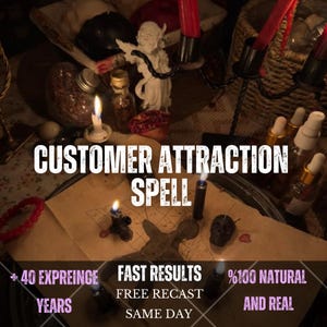 Może przedstawiać: Zestaw rytualny z pergaminem w kratkę, czarnymi świecami w kształcie czaszek i czerwonymi świecami. Tekst głosi: CUSTOMER ATTRACTION SPELL, + 40 EXPREINCE YEARS, FAST RESULTS, FREE RECAST SAME DAY, %100 NATURAL AND REAL.