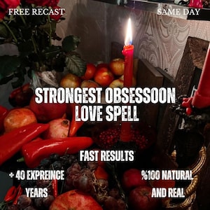 Puede incluir: Una vela roja con una llama encendida se encuentra entre una colección de frutas y verduras rojas, incluyendo granadas, uvas y pimientos. Los textos superpuestos dicen: FREE RECAST, SAME DAY, STRONGEST OBSESSOON LOVE SPELL, FAST RESULTS, + 40 EXPREINCE YEARS, %100 NATURAL AND REAL.
