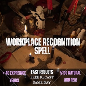 Puede incluir: Una colección de objetos rituales que incluye una figura de ángel blanco, velas rojas y negras, frascos de vidrio pequeños y un pergamino con un dibujo de cuadrícula. El texto dice: WORKPLACE RECOGNITION SPELL, + 40 EXPREINCE YEARS, FAST RESULTS, FREE RECAST SAME DAY, %100 NATURAL AND REAL.