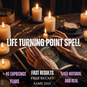 May include: A black book with a gold circular geometric design on the cover, surrounded by multiple lit white pillar candles. The text reads: LIFE TURNING POINT SPELL, + 40 EXPREINCE YEARS, FAST RESULTS, FREE RECAST, SAME DAY, %100 NATURAL AND REAL.