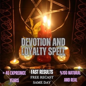 Peut inclure: Une bougie rouge à deux flammes est placée entre deux photophores ronds et lumineux avec des découpes en forme de pentagramme. Le texte indique : DEVOTION AND LOYALTY SPELL, + 40 EXPREINCE YEARS, FAST RESULTS, FREE RECAST, SAME DAY, %100 NATURAL AND REAL.
