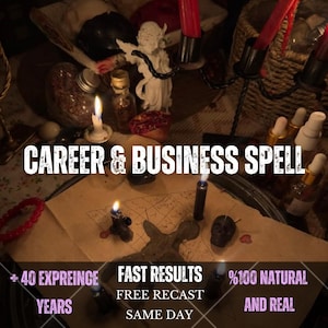 May include: A ritual setup featuring a piece of parchment with handwritten symbols, surrounded by several small black candles, a black skull-shaped candle, and a white angel figurine. The text CAREER & BUSINESS SPELL is overlaid on the image.
