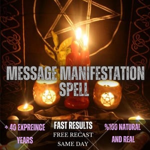 Könnte beinhalten: Ein Ritual-Set mit zwei brennenden roten Kerzen, zwei runden Kerzenhaltern mit Pentagramm-Ausschnitten und einem schwarzen Tuch mit großem Pentagramm. Text: MESSAGE MANIFESTATION SPELL, + 40 EXPREINCE YEARS, FAST RESULTS, FREE RECAST, SAME DAY, %100 NATURAL AND REAL.