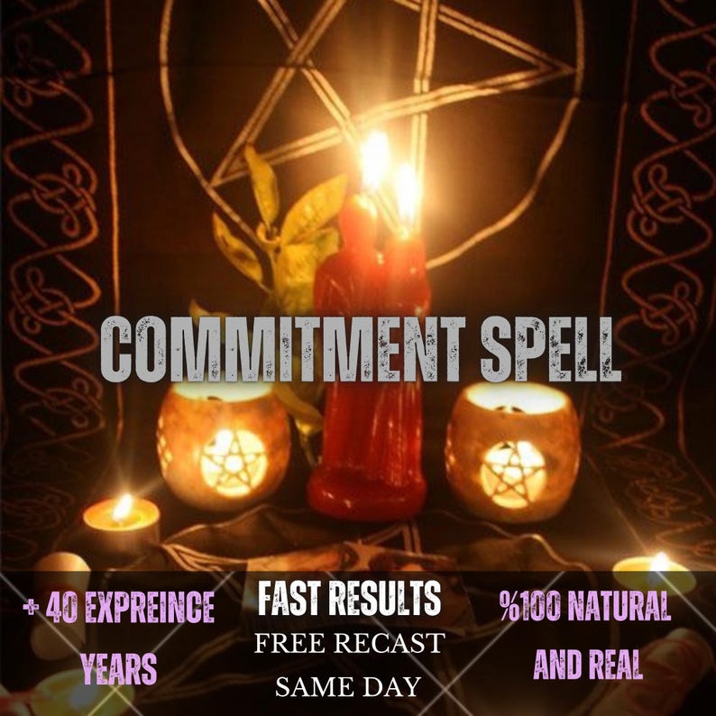 Pode incluir: Uma vela figurativa vermelha posiciona-se entre dois casti&ccedil;ais redondos com recortes de pentagrama, todos iluminados por chamas. O texto COMMITMENT SPELL, FAST RESULTS, FREE RECAST, SAME DAY, 40 EXPREINCE YEARS e 100% NATURAL AND REAL &eacute; vis&iacute;vel.