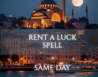 Può includere: Una scena notturna con una moschea dalle cupole e minareti illuminati sotto una luna piena, con una barca sull'acqua in primo piano. Il testo RENT A LUCK SPELL, SAME DAY e FAST RESULTS è sovrapposto in lettere maiuscole bianche.