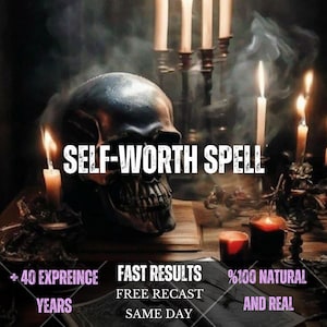 Könnte beinhalten: Ein dunkler menschlicher Schädel auf einer Holzoberfläche, umgeben von brennenden Kerzen und Rauch. Der Text lautet: SELF-WORTH SPELL, + 40 EXPREINCE YEARS, FAST RESULTS, FREE RECAST SAME DAY, %100 NATURAL AND REAL. Die Szene ist dunkel und stimmungsvoll.