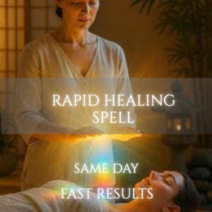 Può includere: Una grafica digitale con il testo RAPID HEALING SPELL, SAME DAY, FAST RESULTS. L'immagine mostra una persona con un top chiaro che esegue un lavoro energetico su un'altra persona, con un effetto di luce brillante tra le mani.