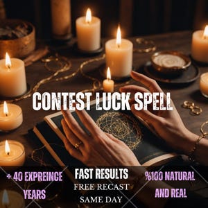 Puede incluir: Un libro con un diseño geométrico dorado en la portada, rodeado de varias velas blancas encendidas. El texto dice CONTEST LUCK SPELL, FAST RESULTS, FREE RECAST, SAME DAY, + 40 EXPREINCE YEARS y %100 NATURAL AND REAL.