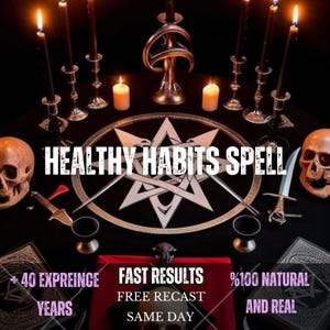 Puede incluir: Un mantel de altar negro con un símbolo de estrella blanca, rodeado de velas encendidas, dos cráneos humanos y dos dagas. El texto dice: HEALTHY HABITS SPELL, + 40 EXPREINCE YEARS, FAST RESULTS, FREE RECAST, SAME DAY, %100 NATURAL AND REAL.
