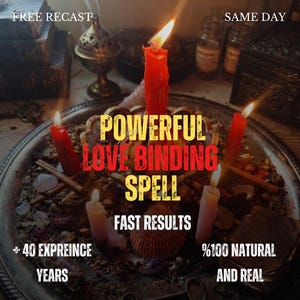 May include: A silver tray holding five lit red and light-colored candles, dried herbs, and crystals. Text on the image reads: FREE RECAST, SAME DAY, POWERFUL LOVE BINDING SPELL, FAST RESULTS, + 40 EXPREINCE YEARS, %100 NATURAL AND REAL.