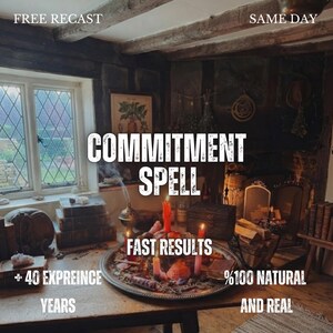 May include: A wooden table holds a metal tray with red candles, seashells, and small objects. Text overlays read: FREE RECAST, SAME DAY, COMMITMENT SPELL, FAST RESULTS, + 40 EXPREINCE YEARS, %100 NATURAL AND REAL. The setting includes a window and fireplace.