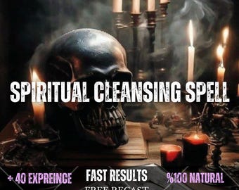 May include: A dark human skull sits amidst several lit candles emitting smoke. The text reads: SPIRITUAL CLEANSING SPELL, + 40 EXPREINCE YEARS, FAST RESULTS, FREE RECAST SAME DAY, %100 NATURAL AND REAL. The scene is dimly lit with warm candle flames.