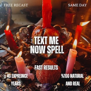 Könnte beinhalten: Ein rituelles Arrangement mit einer zentralen roten Kerze, einer Muschel und verstreuten getrockneten Kräutern auf einem Metalltablett. Der Text lautet: FREE RECAST SAME DAY, TEXT ME NOW SPELL, FAST RESULTS, + 40 EXPREINCE YEARS, %100 NATURAL AND REAL.