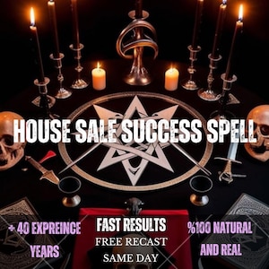 Peut inclure: Un tapis circulaire noir avec une étoile blanche, entouré de bougies allumées dans des bougeoirs argentés, deux crânes humains et deux poignards. Le texte indique HOUSE SALE SUCCESS SPELL, + 40 EXPREINCE YEARS, FAST RESULTS, FREE RECAST, SAME DAY, %100 NATURAL AND REAL.